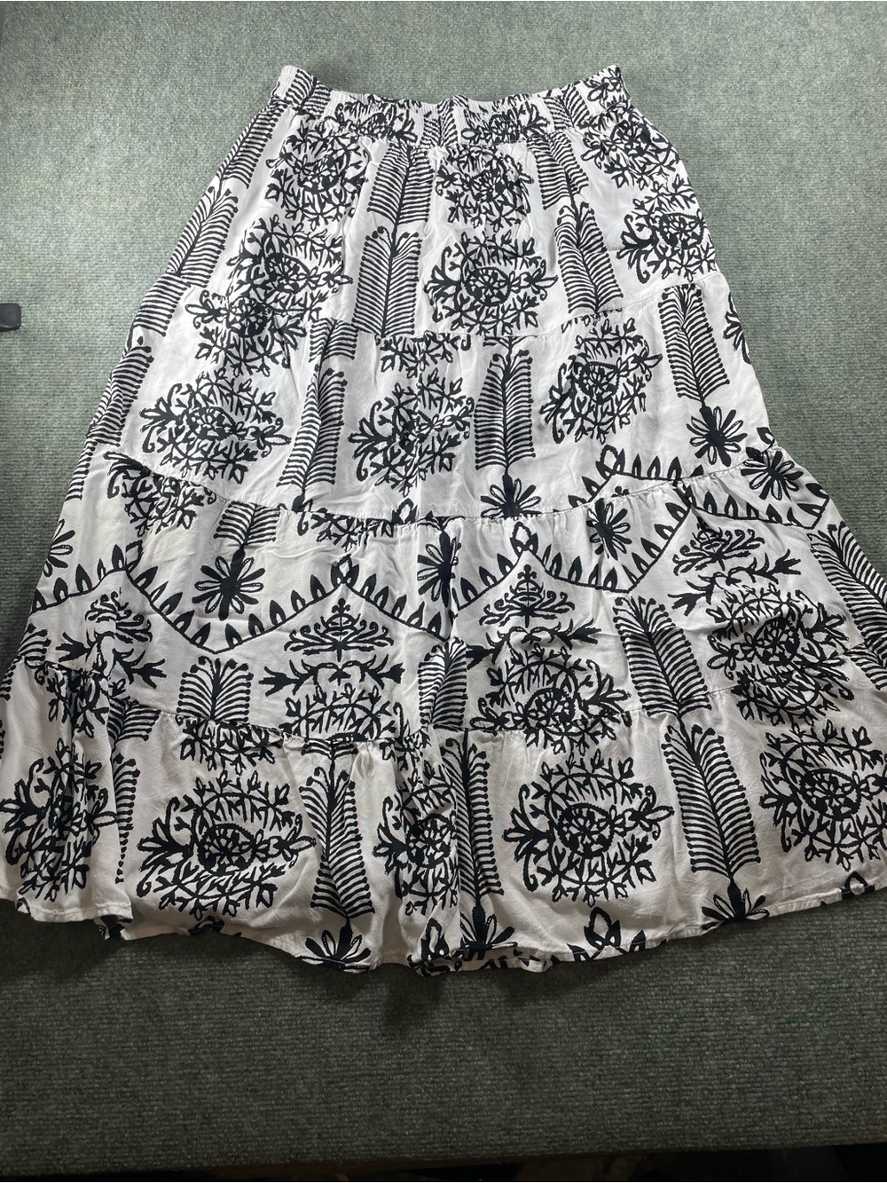 Boho Tiered‎ Midi Skirt in White with Black Floral Print